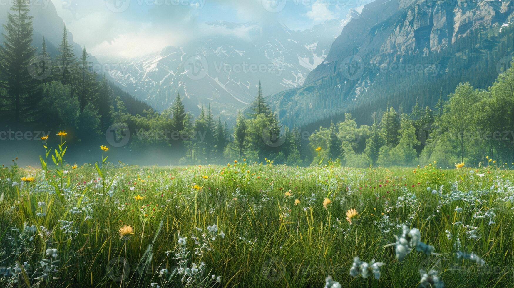 A lush meadow filled with vibrant wildflowers set against a backdrop of towering mountains and dense forest, creating a serene and picturesque landscape. photo