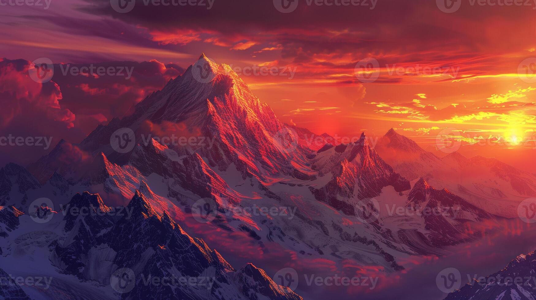 Breathtaking sunset casting vibrant hues over dramatic, snow-covered mountain peaks, creating a stunning and serene landscape. photo