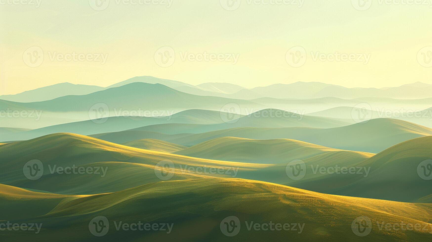 Soft morning light illuminates a vast landscape of rolling hills, creating a serene and tranquil atmosphere with gentle gradients. photo