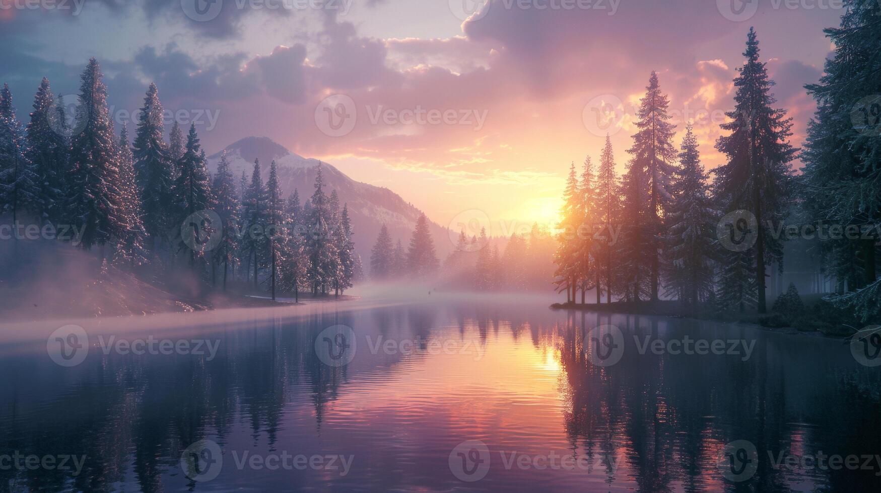 A beautiful sunset casts colorful light over a snowy forest and reflective lake, creating a serene and tranquil winter scene. photo