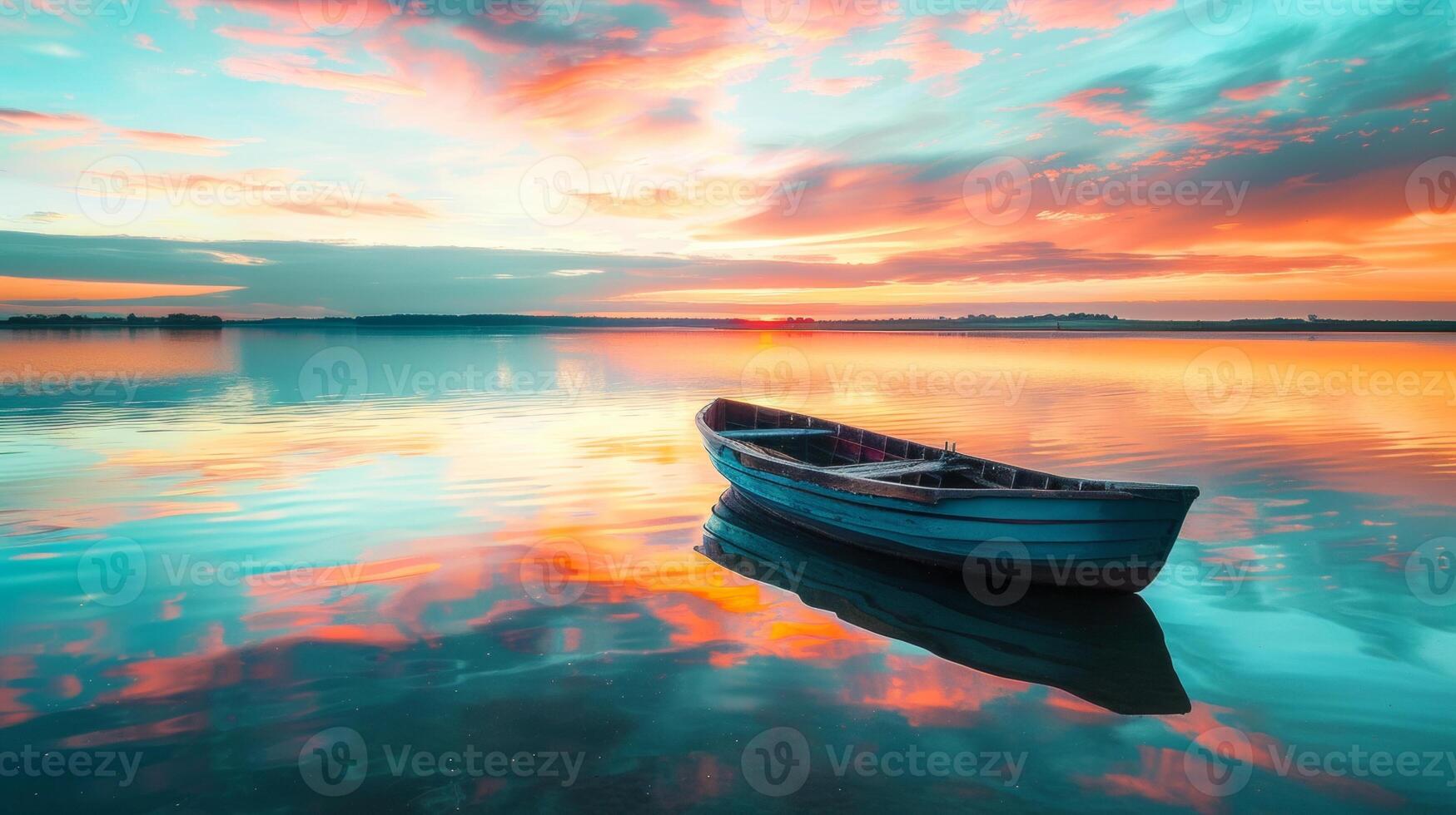 A vibrant sunset over a tranquil lake, with a solitary rowboat reflecting the stunning colors of the sky and water. photo