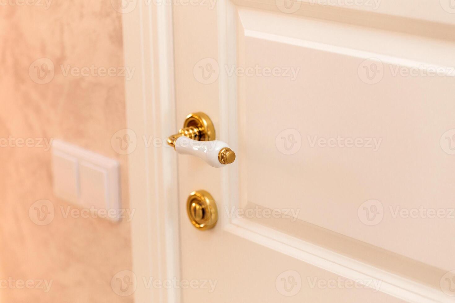 White Door Handle with Gold Accents on White Door photo