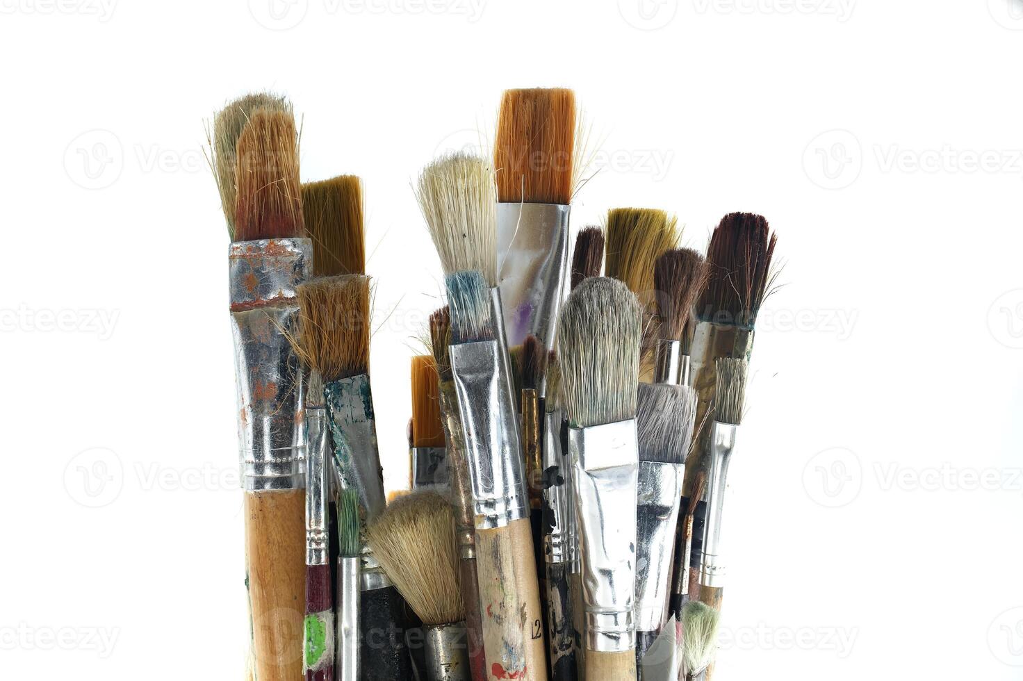 Paintbrushes varying sizes and bristle styles with wooden handles photo