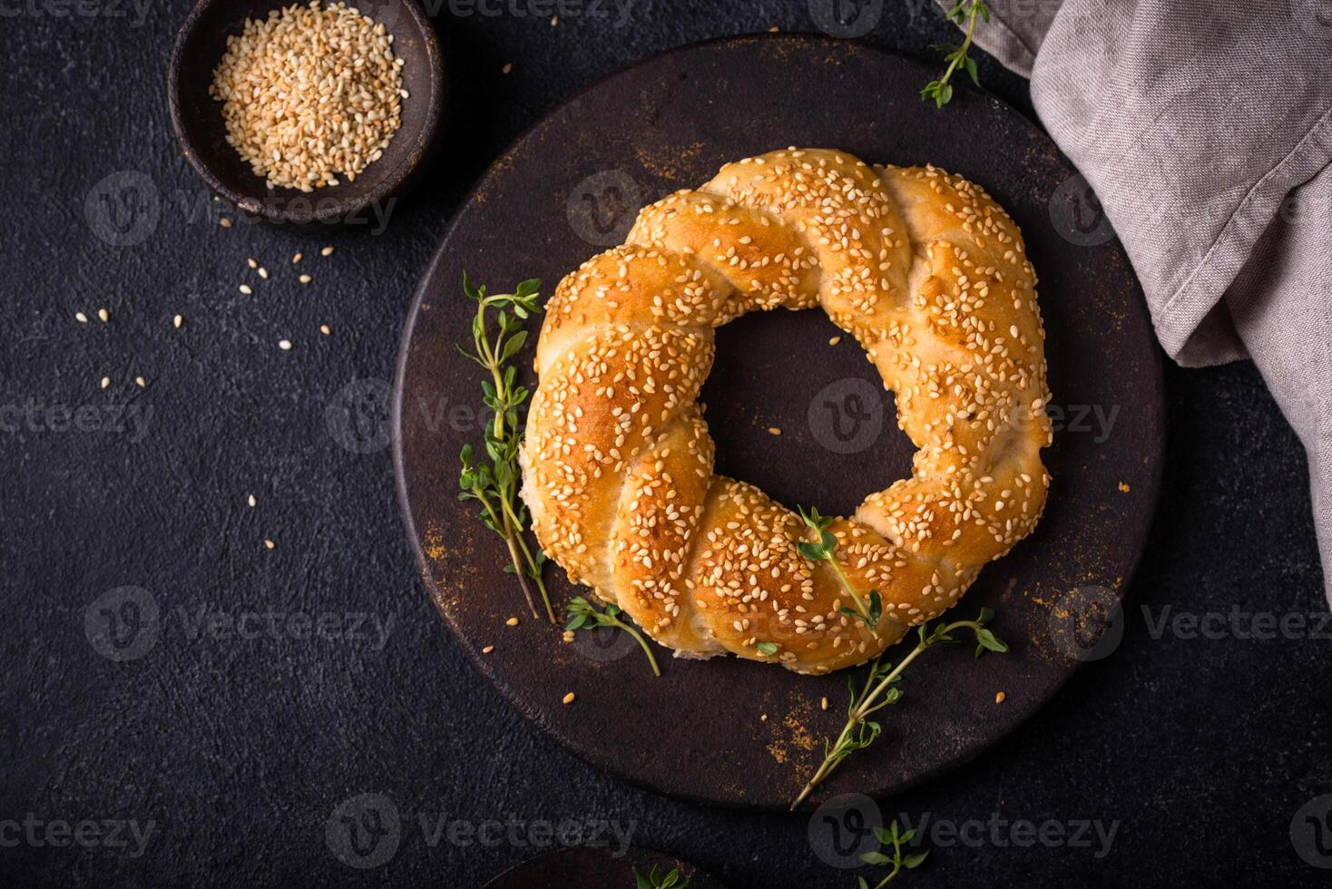 Traditional Turkish bagel simit with sesame photo