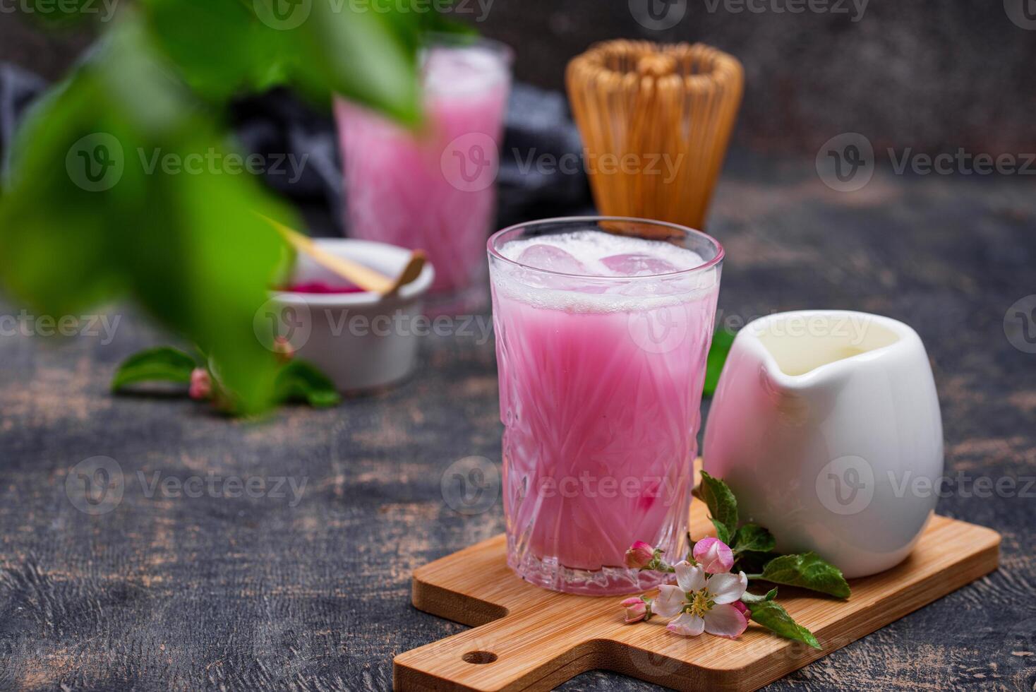 Pink matcha ice latte with milk photo