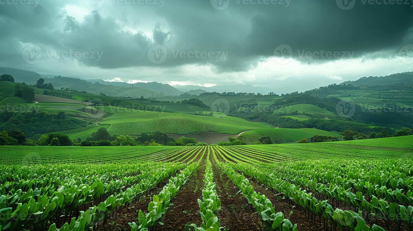 Lush green farmland with rows of crops under a cloudy sky photo