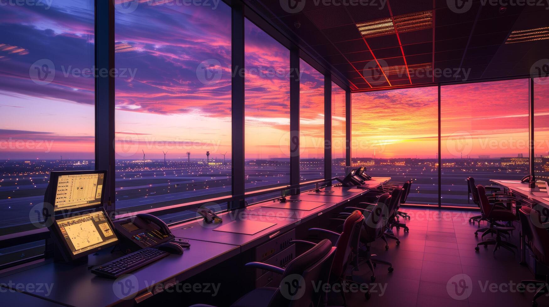 Modern control room with panoramic view of a sunset photo