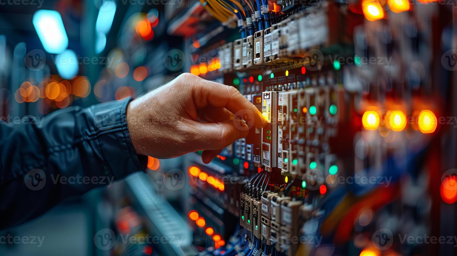 Hand operating control panel in server room photo