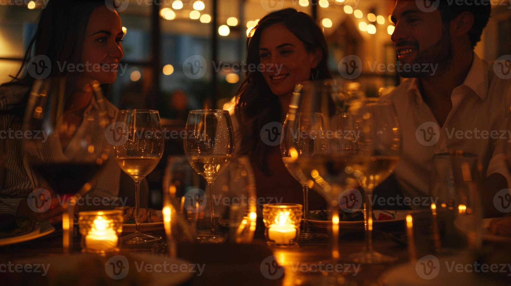 Friends enjoying dinner with wine in a cozy restaurant photo