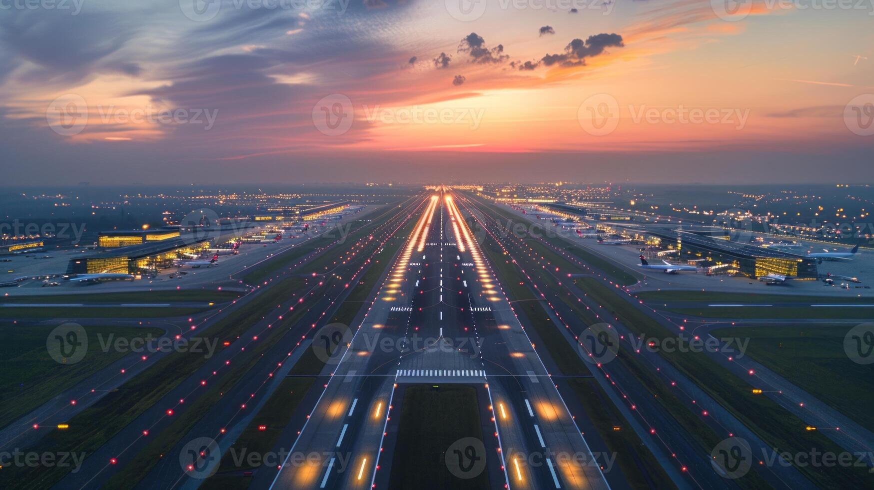 Runway Lights Leading to Airport Terminal at Sunset photo