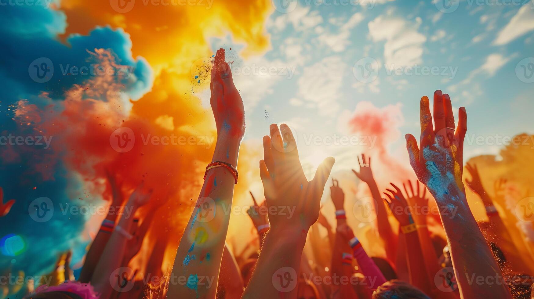 Colorful crowd holly celebrating at outdoor festival photo