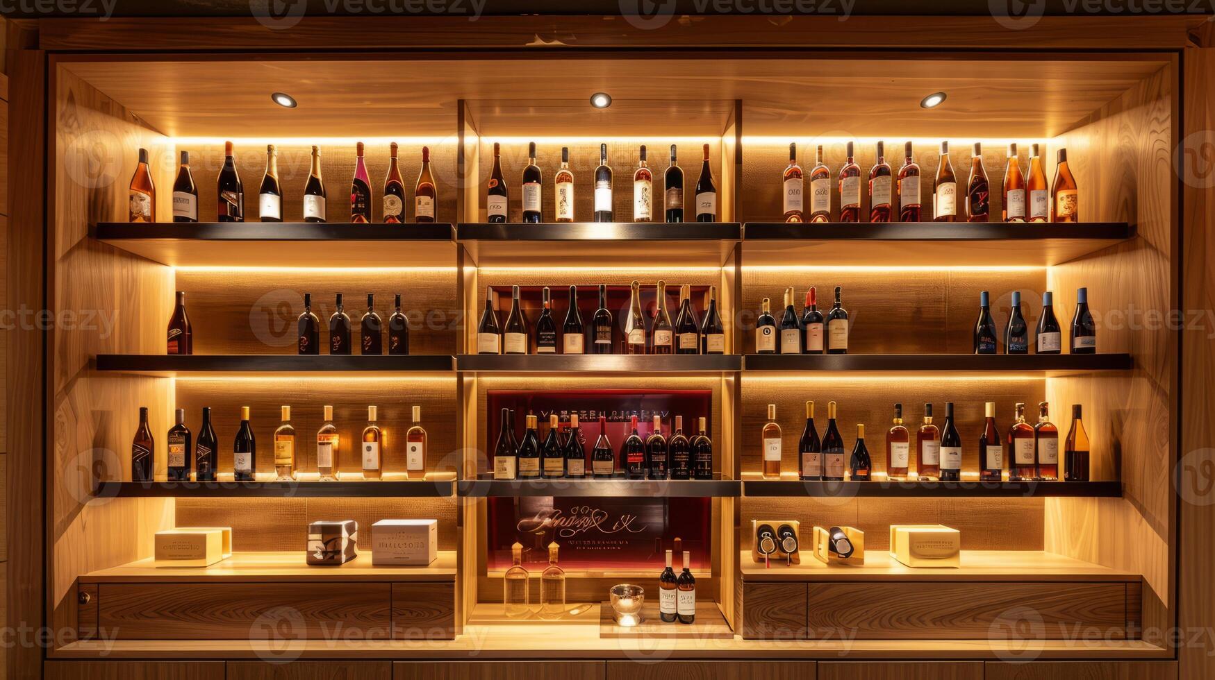 Shelves filled with various types of alcohol in a bar photo