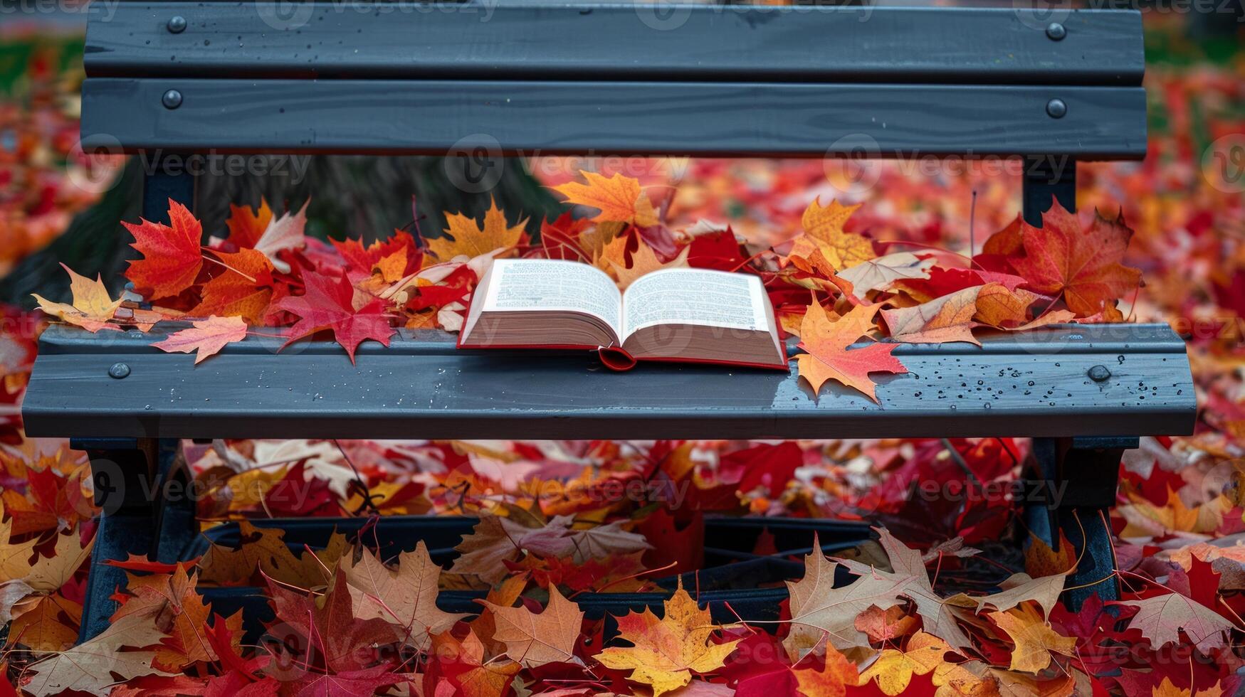 Open book on bench with autumn leaves background photo
