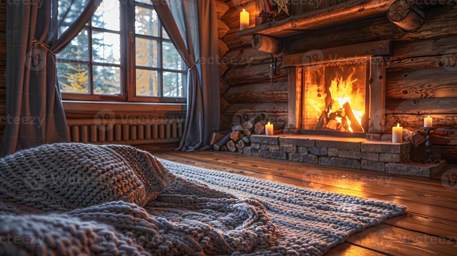 Cozy fireplace with blankets in a log cabin photo