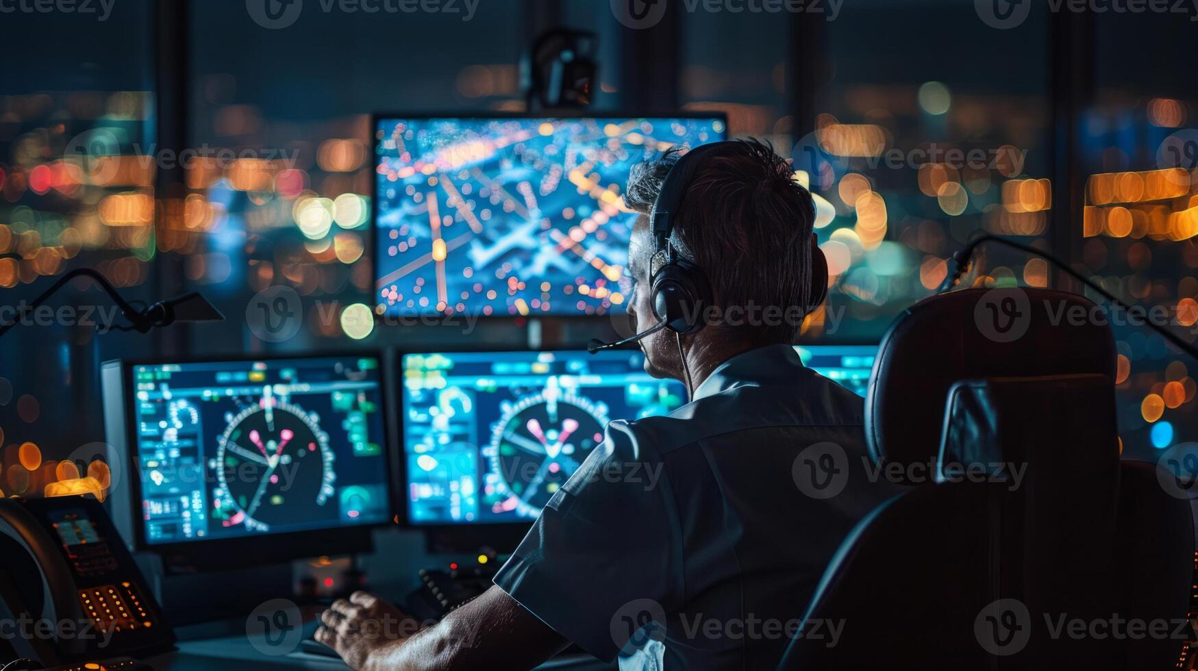 Air traffic controller monitoring flights at night photo