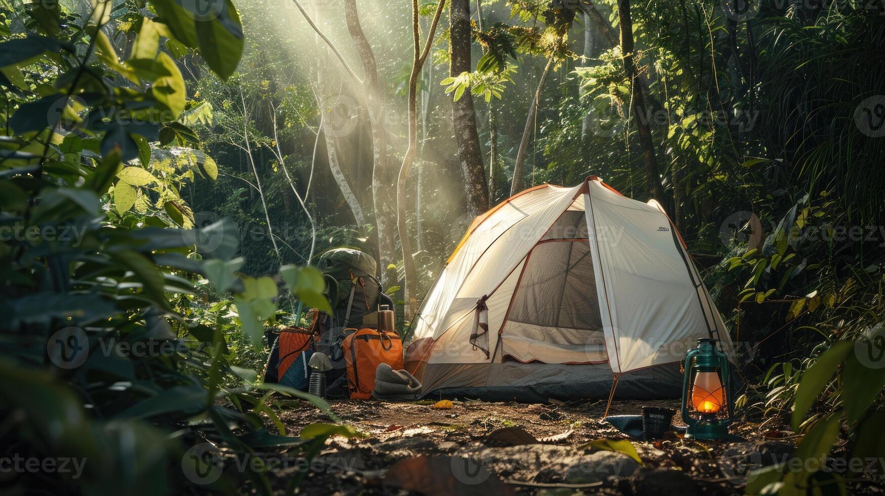 Forest camping with big white tent, gear including backpacks, lanterns, cooking equipment, sunlight creating dappled light. Big camping tent gears photo