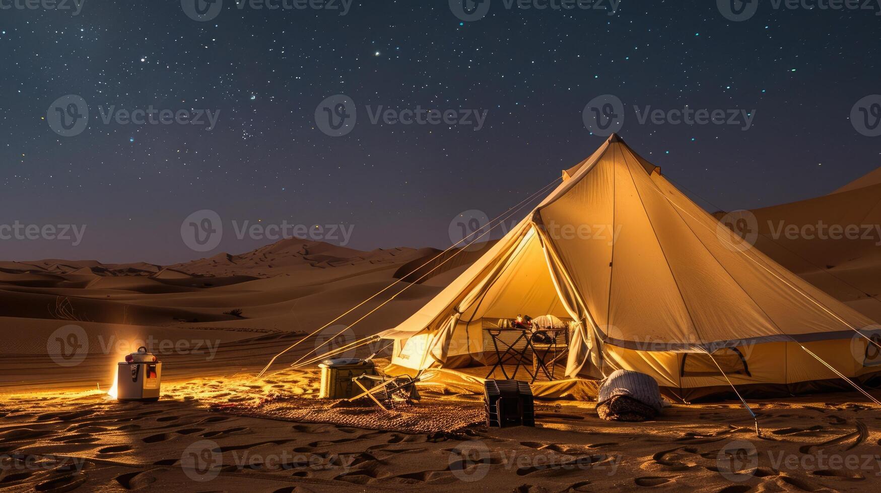 Desert campsite with big white tent, camping gear, cooler, solar lights, starry night sky, sand dunes, serene atmosphere. Big camping tent gears photo