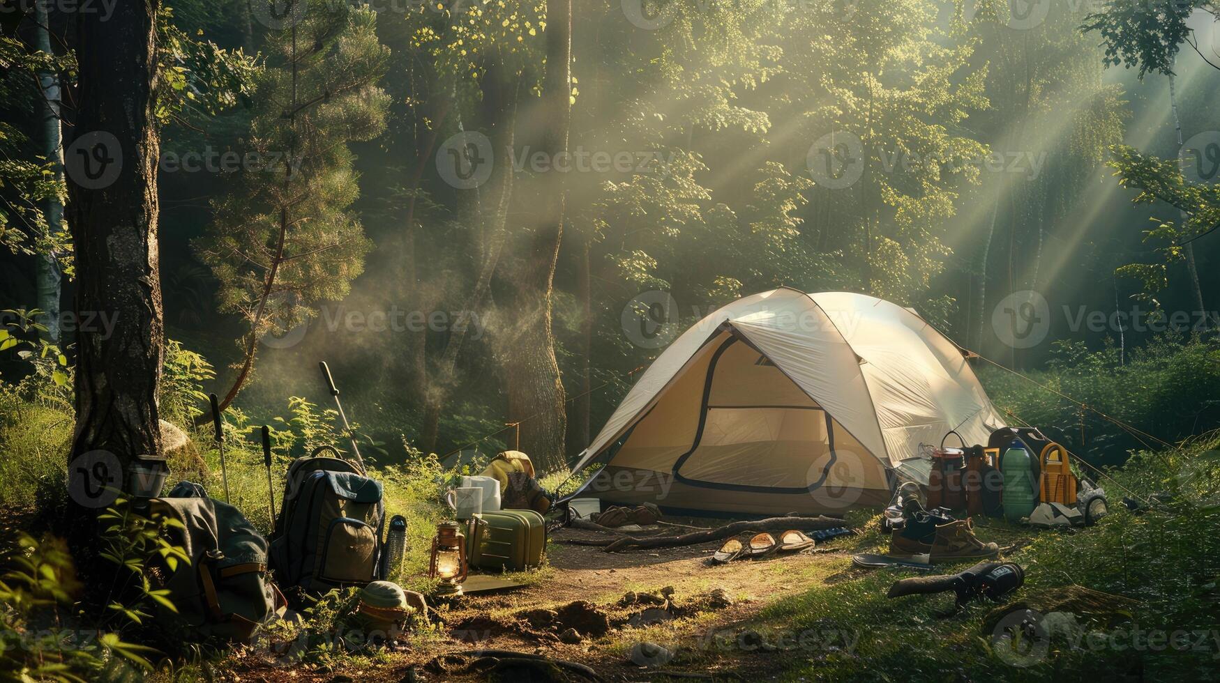 Big white camping tent in lush green forest, surrounded by backpacks, lanterns, cooking equipment, sunlight filtering through trees, dappled light. Big camping tent gears photo
