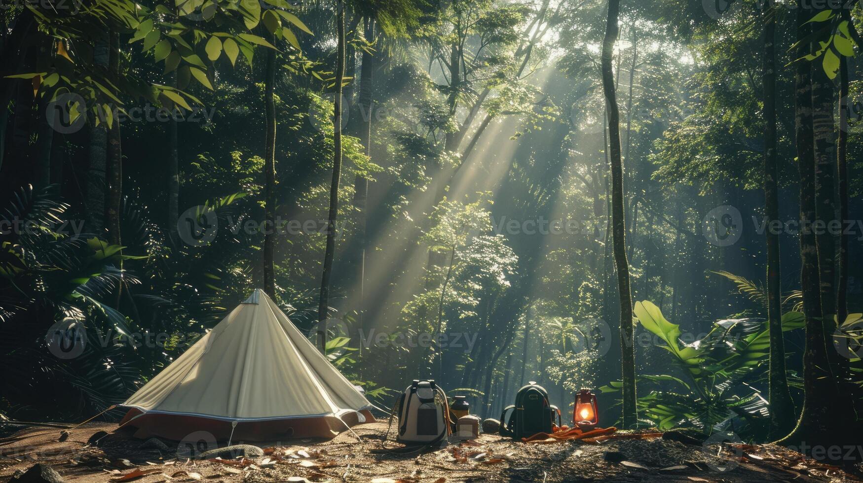 Camping in lush forest with big white tent, gear scattered around, sunlight filtering through trees, dappled shadows. Big camping tent gears photo