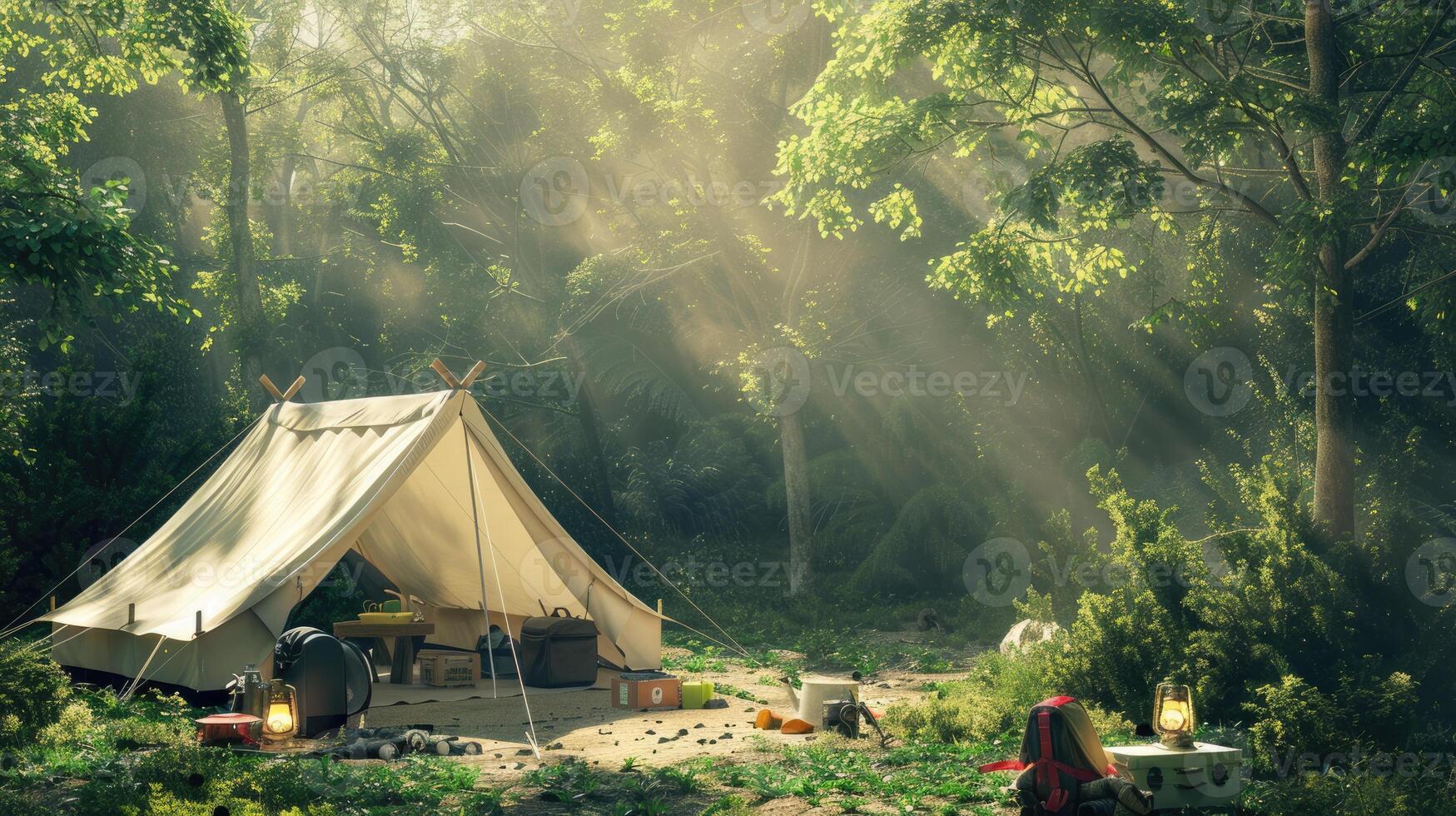 Scenic forest with big white tent, camping gear, backpacks, lanterns, cooking equipment, sunlight filtering, creating dappled light. Big camping tent gears photo
