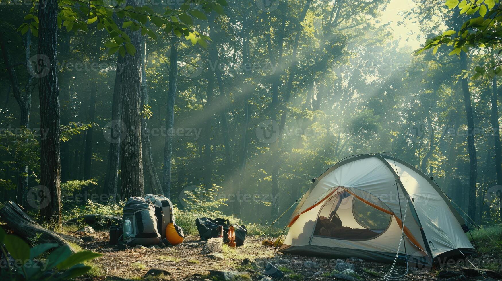 Lush forest clearing with big white camping tent and gear, sunlight filtering, dappled shadows, creating peaceful atmosphere. Big camping tent gears photo