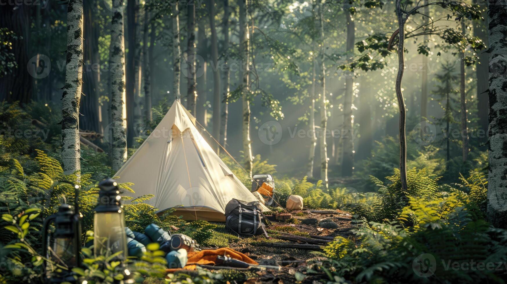 Serene forest camping scene with big white tent, surrounded by gear like backpacks, sleeping bags, and lanterns, sunlight filtering through trees. Big camping tent gears photo