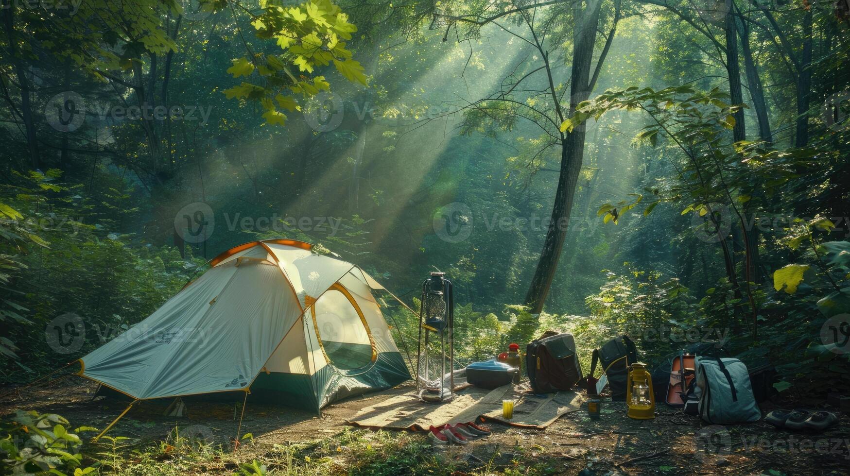 Lush green forest camping with big white tent, surrounded by gear, sunlight filtering through trees, dappled light on tent and ground. Big camping tent gears photo