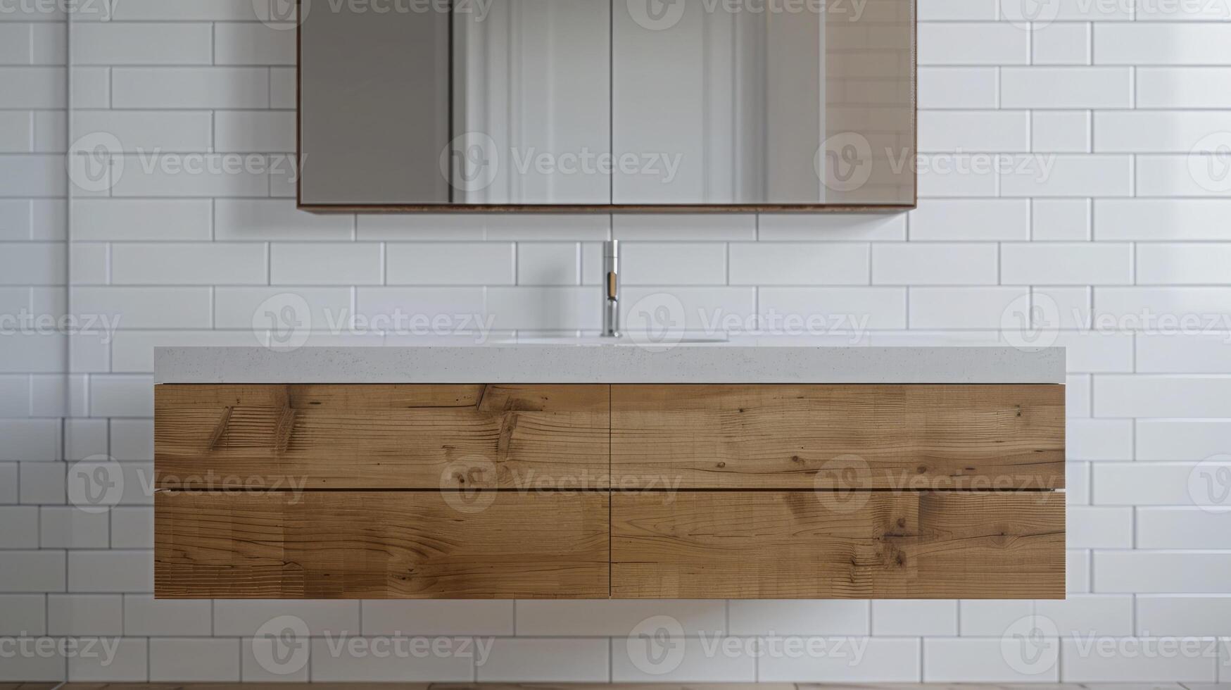 Modern minimalist bathroom centered on floating wooden vanity with quartz countertop, wide-angle view with frameless mirror and white subway tiles. Modern minimalist bathroom wooden vanity photo