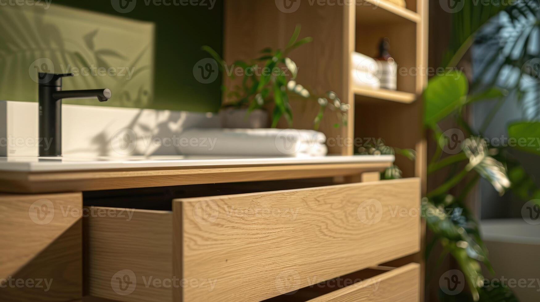 Modern bathroom featuring custom vanity with hidden handles, vessel sink, and soft lighting, close-up view with plants and green wall. Modern minimalist bathroom wooden vanity photo
