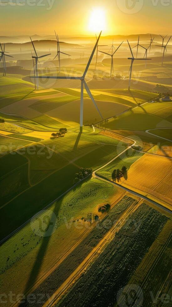 Warm sunset in Dutch windmill park, golden light and turbine shadows over rolling hills, sustainable energy inspiration. Windmill park clean energy nehterlands photo