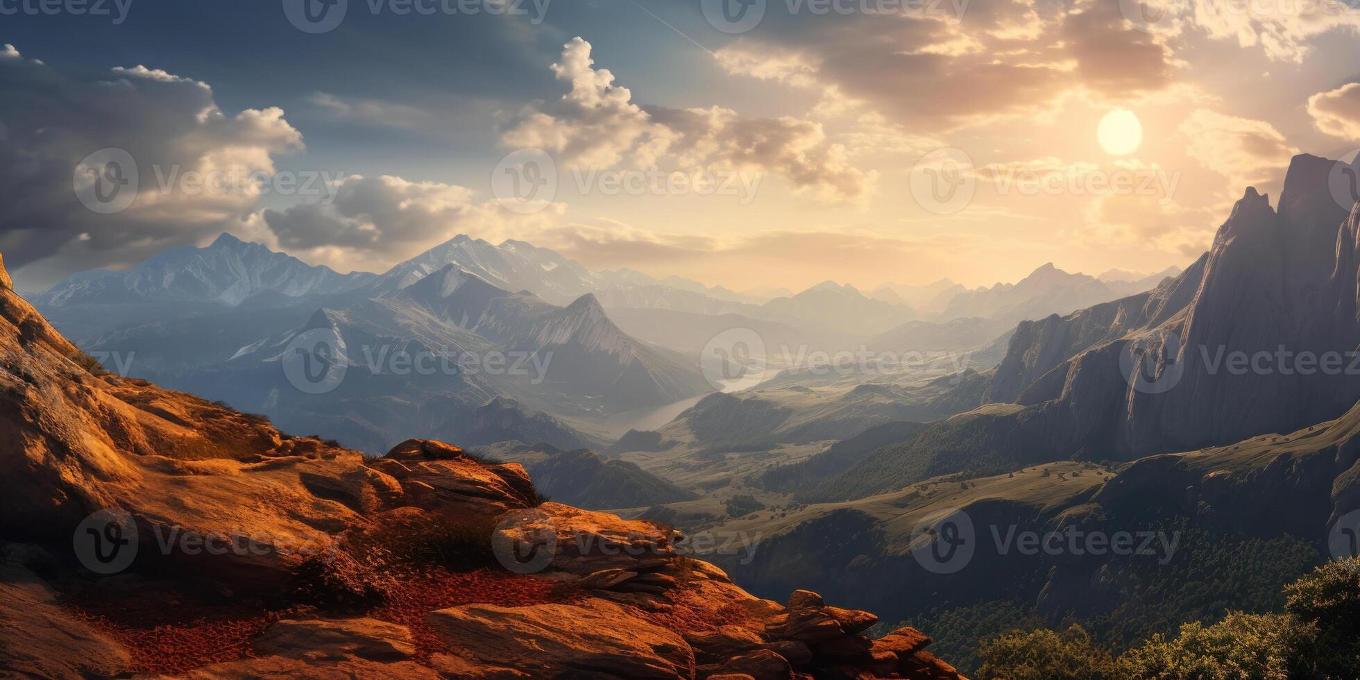 Golden Sunset Over Majestic Mountain. Landscape Of Mountains With Valleys In Sunset. photo