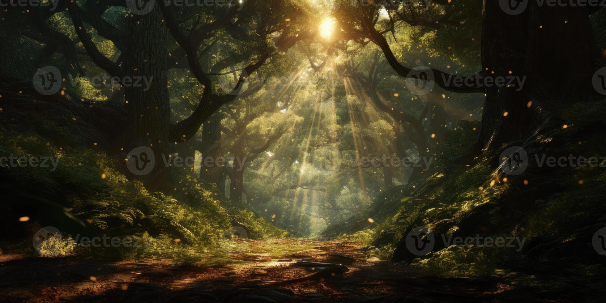 Magical Forest With Sunbeams Filtering Through Trees. Mystical Woods With Sunlight. photo