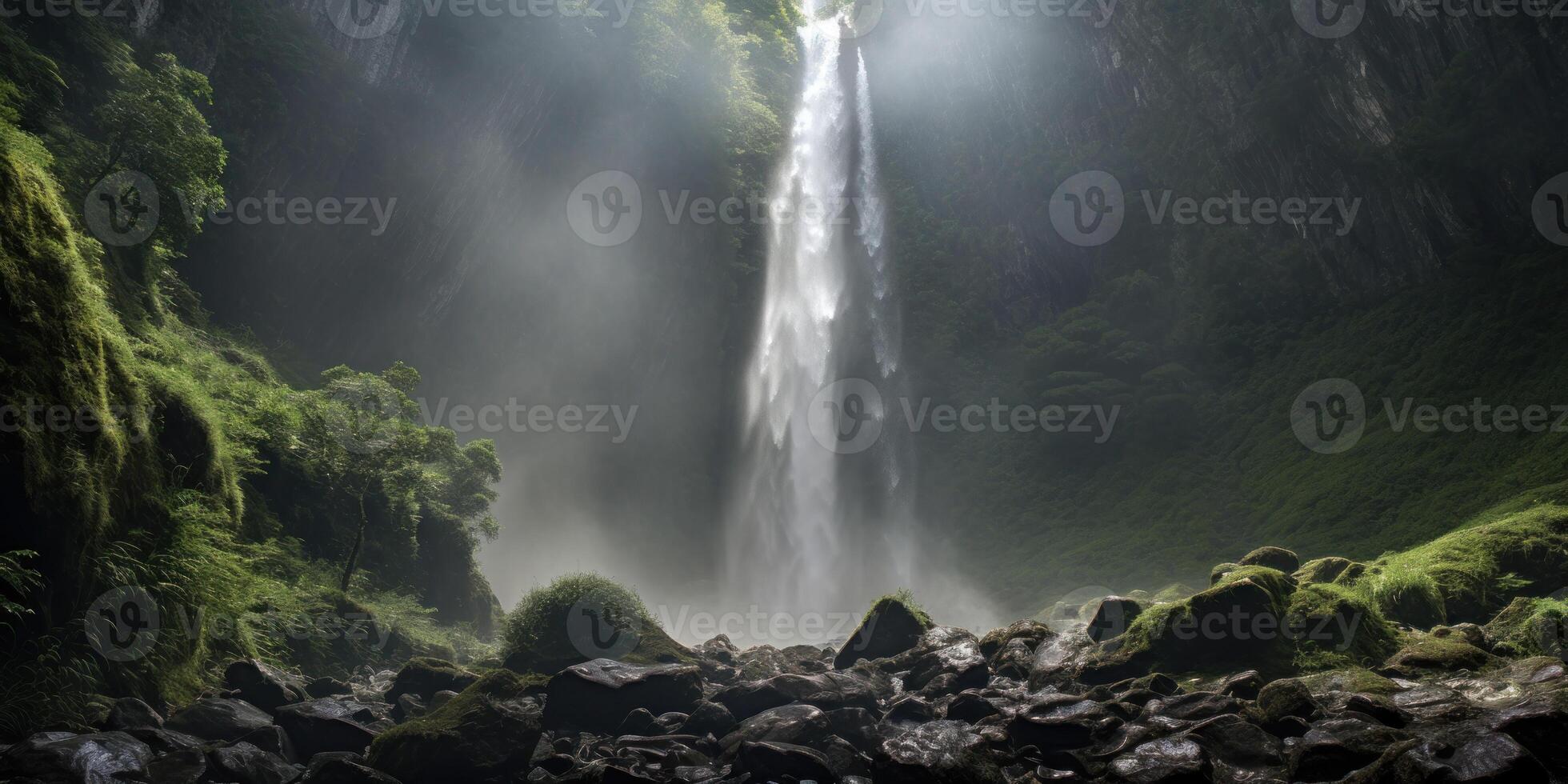 Waterfall Stream Amidst Misty Rainforest. Waterfall Cascades In Green Tropical Forest. photo