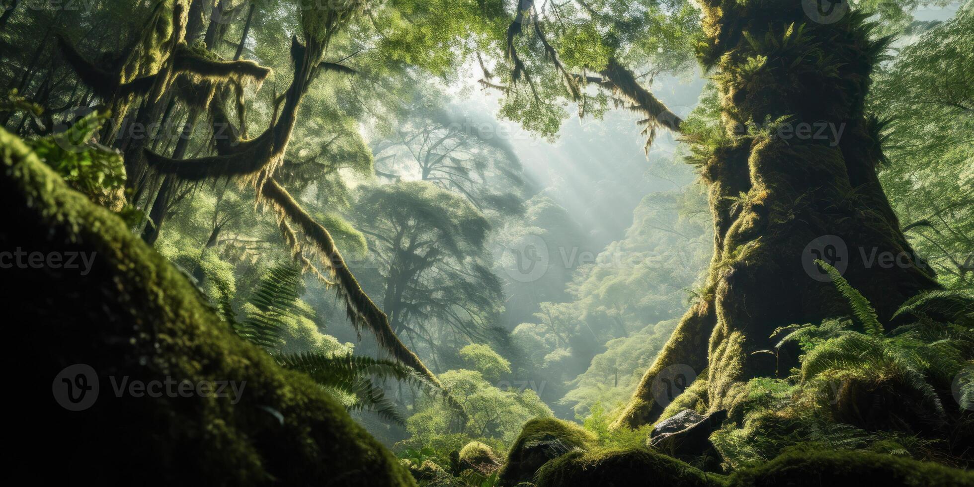 Mist Rainforest Under Sunbeams. Light Streams In Mystical Jungle Landscape. Ancient Forest. Quiet Nature. photo