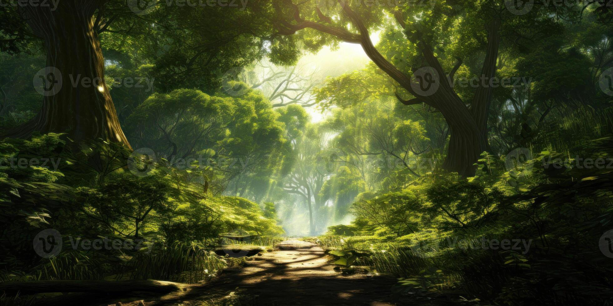 Mysterious Green Forest In Morning Light. Magical Woods Path With Sunlight. Harmony In Nature. photo