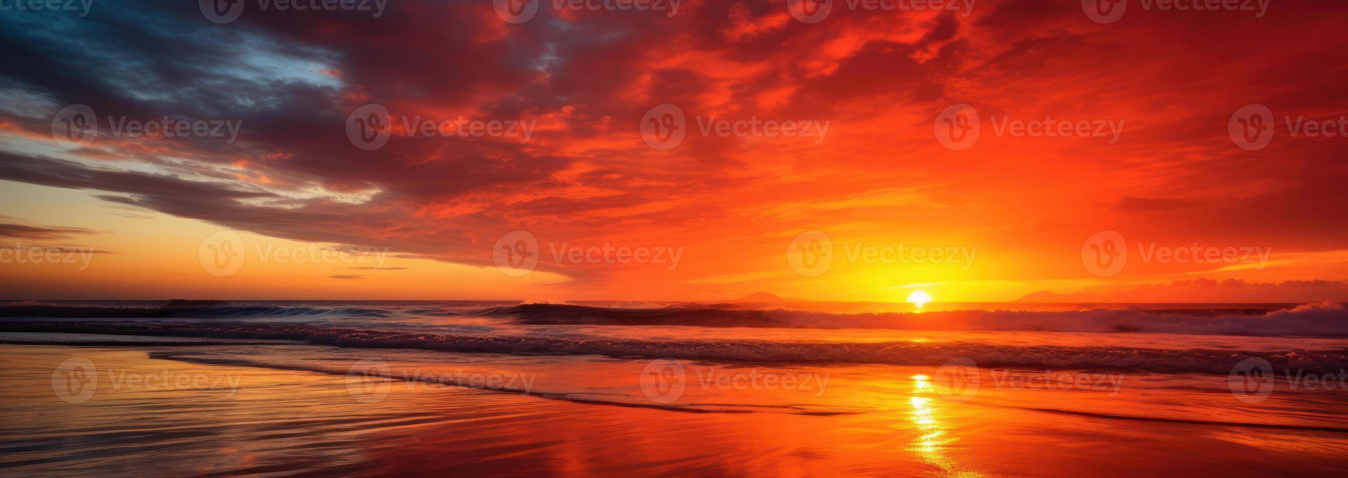 Ocean Sunset With Clouds And Shoreline. Sunset Horizon Over Waves On Beach Panorama. photo