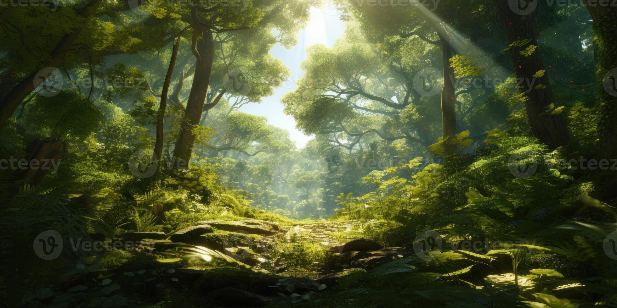 Forest Pathway with Sunlight. Mystical Morning Sunbeams In Jungle Foliage. photo