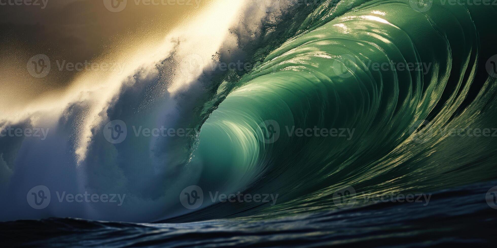 Majestic Ocean Barrel Wave at Sunset. Golden Light Shining Through Massive Wave. photo