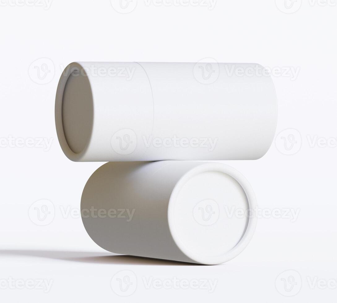 White Paper tube package mockups isolated on white background. Blank craft carton circular realistic tube texture. Cylindrical container with cap for product branding photo