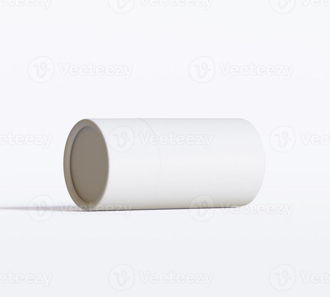 White Paper tube package mockups isolated on white background. Blank craft carton circular realistic tube texture. Cylindrical container with cap for product branding photo
