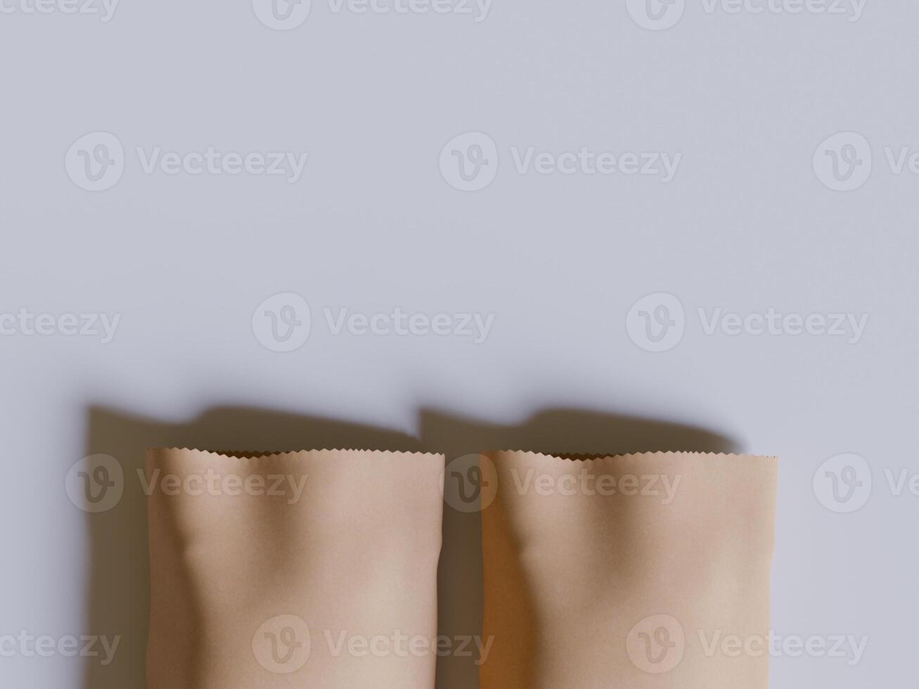 Brown paper bags isolated on gray background. realistic illustration of craft package mockup with blank space for branding, takeaway food photo