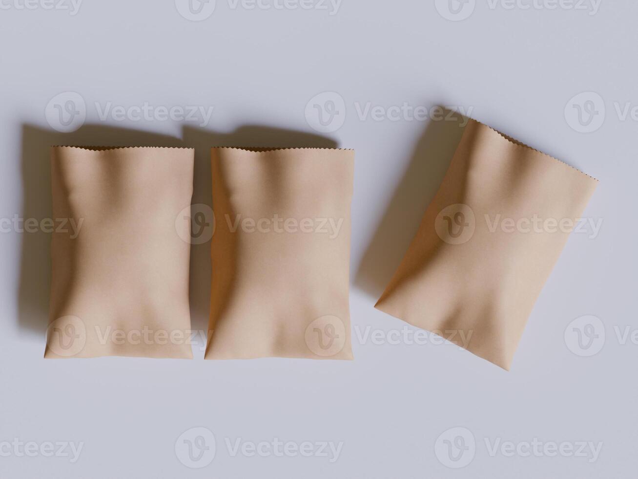 Brown paper bags isolated on gray background. realistic illustration of craft package mockup with blank space for branding, takeaway food photo