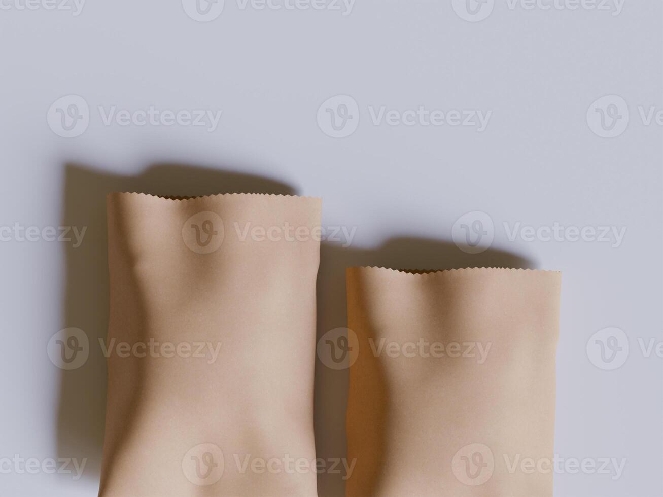 Brown paper bags isolated on gray background. realistic illustration of craft package mockup with blank space for branding, takeaway food photo