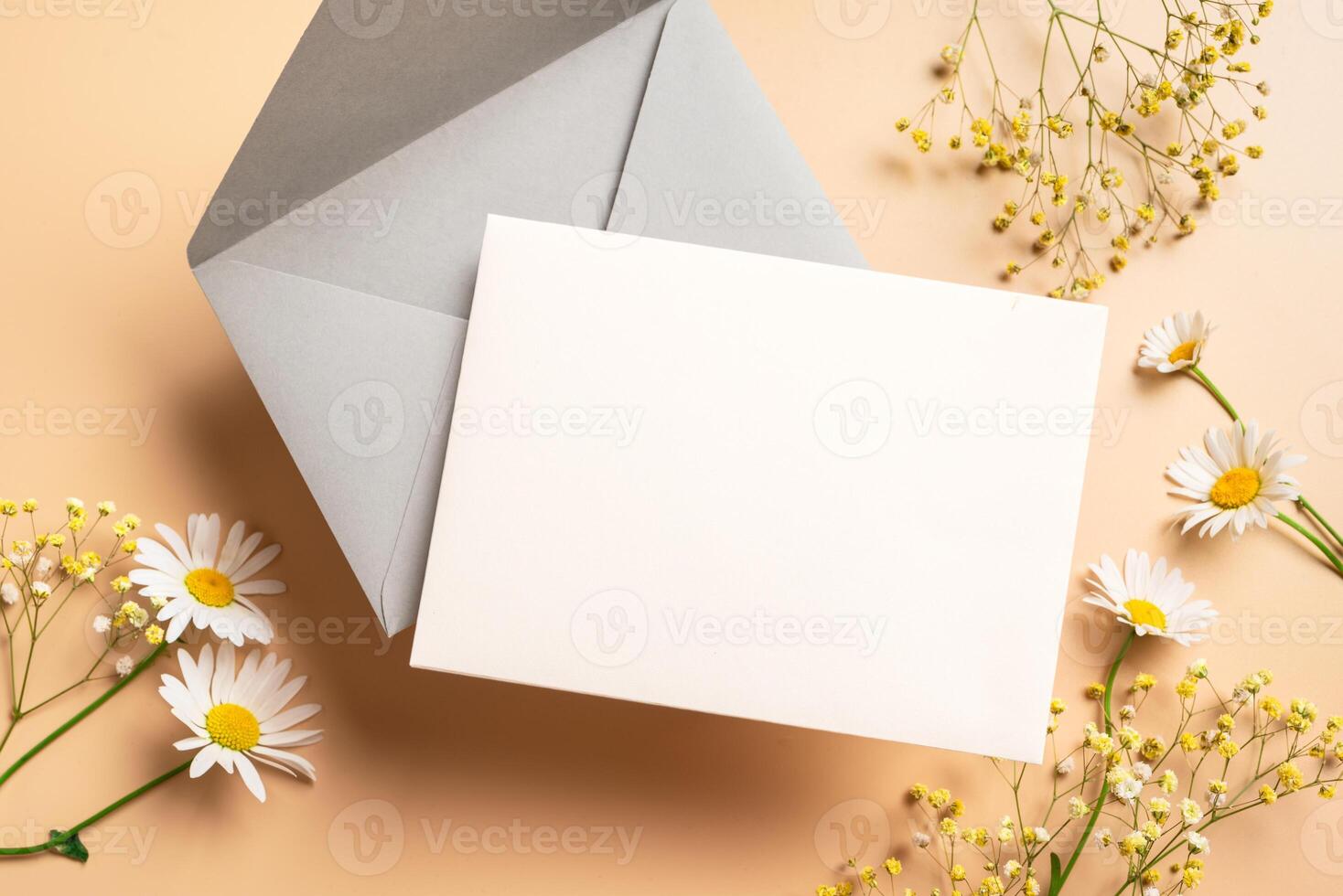 Empty blank card, envelope and chamomile flowers photo