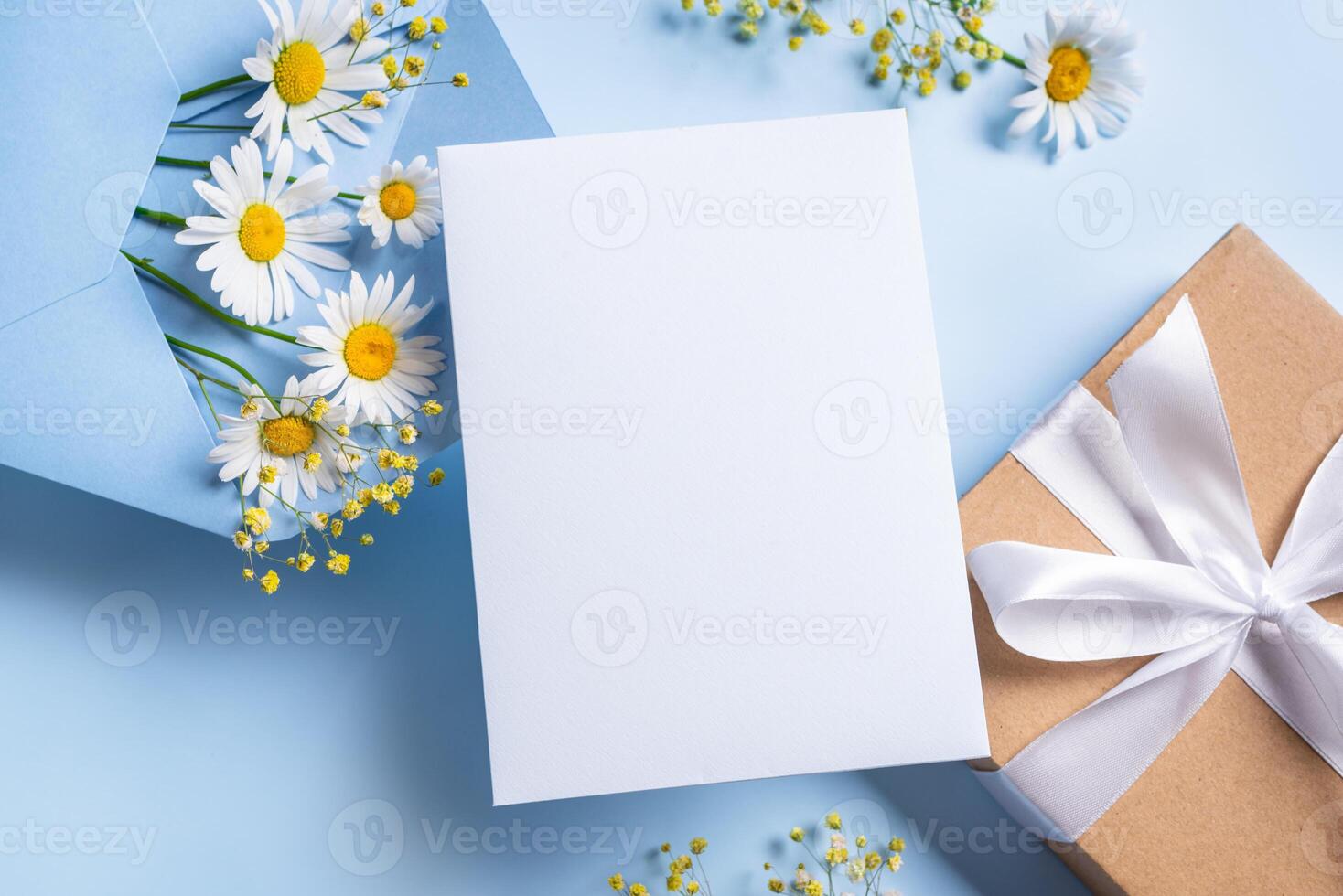 Empty blank card, gift box and chamomile flowers photo