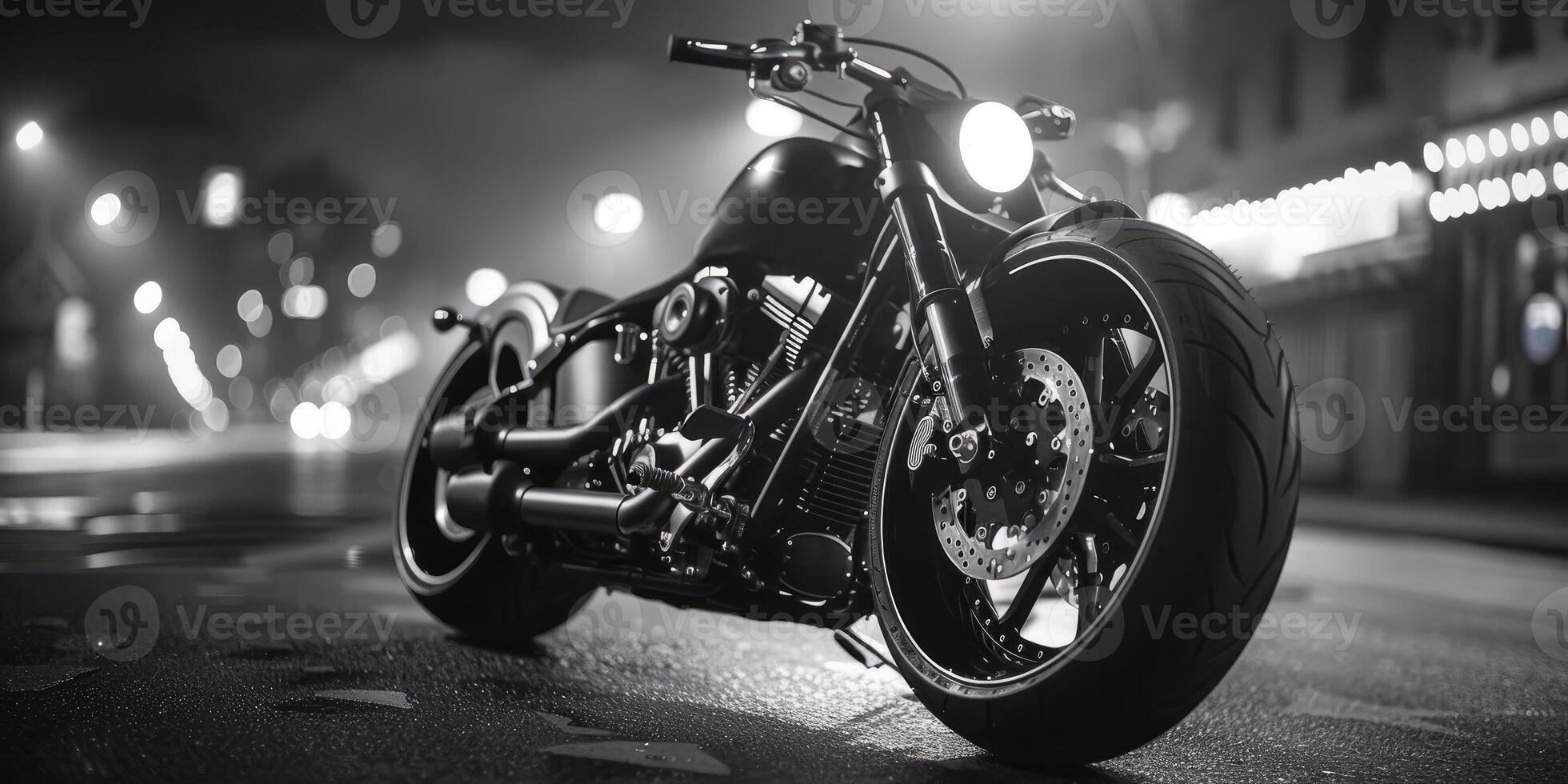 A stunning motorcycle parked on a rural road at sunset, highlighting its metallic parts against a dramatic sky, symbolizing freedom and adventure in a modern, artistic style. photo