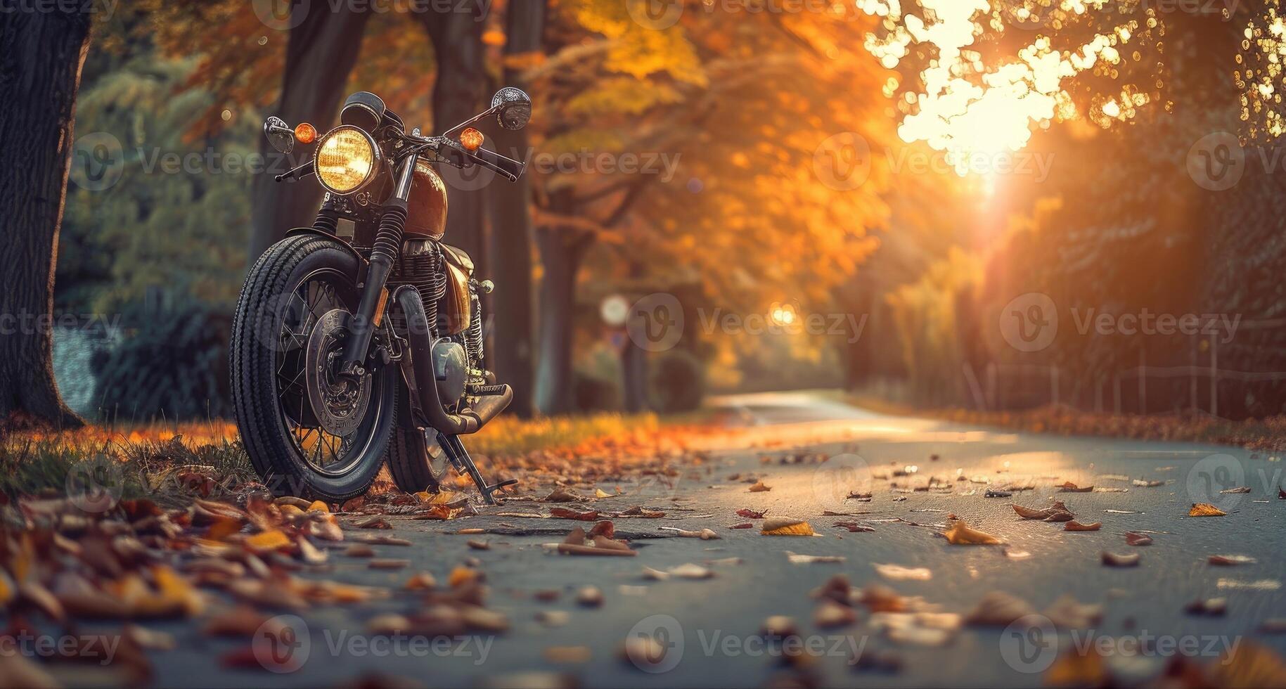 A stunning motorcycle parked on a rural road at sunset, highlighting its metallic parts against a dramatic sky, symbolizing freedom and adventure in a modern, artistic style. photo