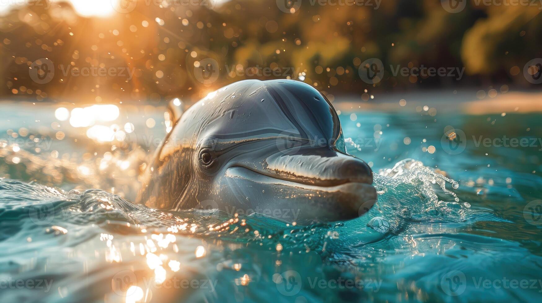 A dolphin's head pops out of the clear, blue water, creating a playful and friendly scene under the bright sunlight. photo