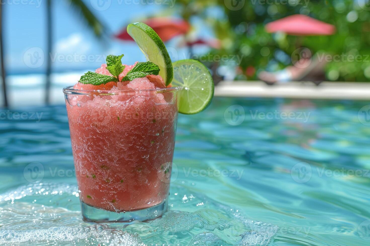 Refreshing frozen drink garnished with lime and mint in a glass, positioned by a luxurious swimming pool with clear blue water and tropical scenery in the background. photo