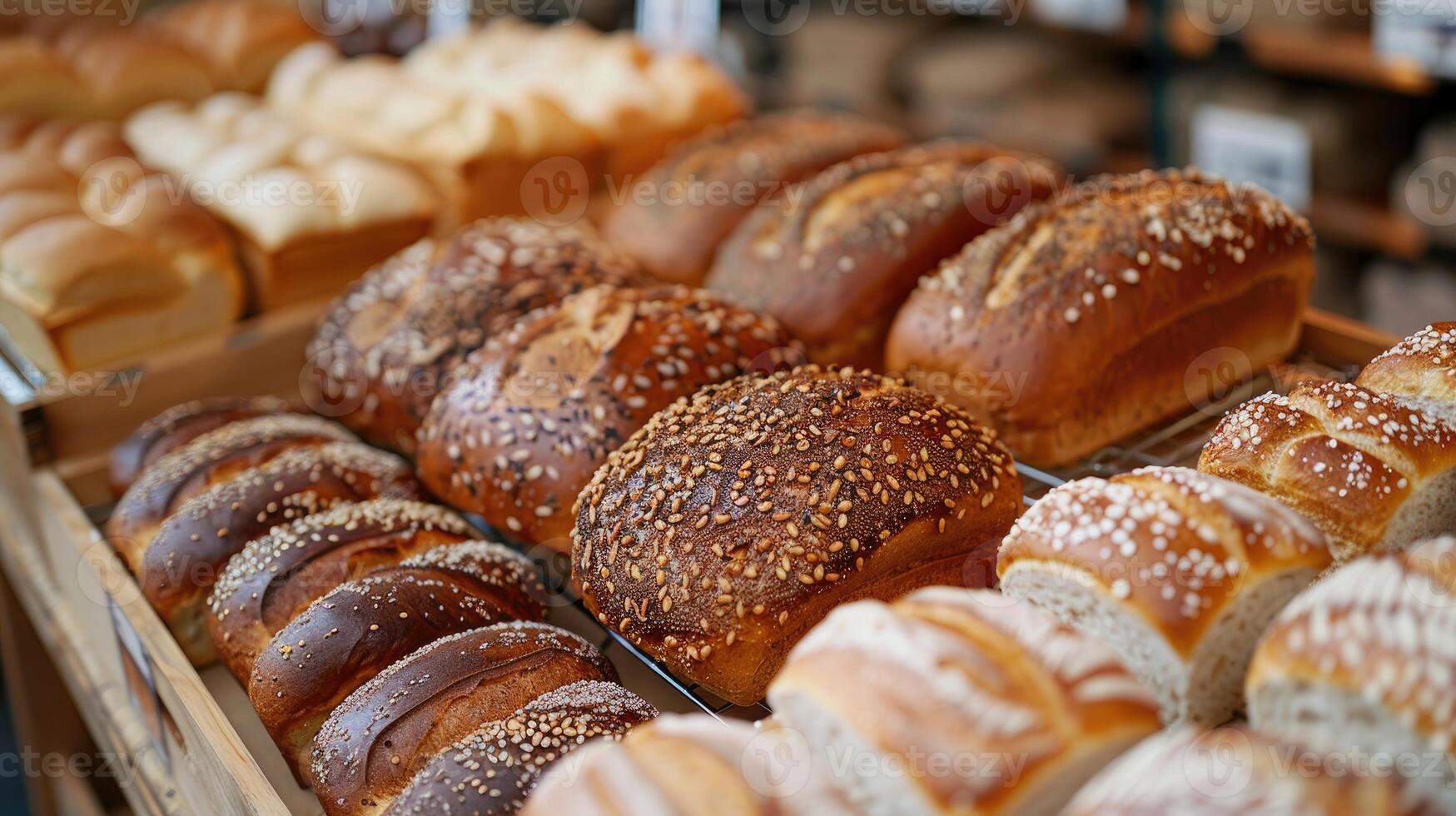 Assorted fresh bread loaves on bakery display shelf. photo